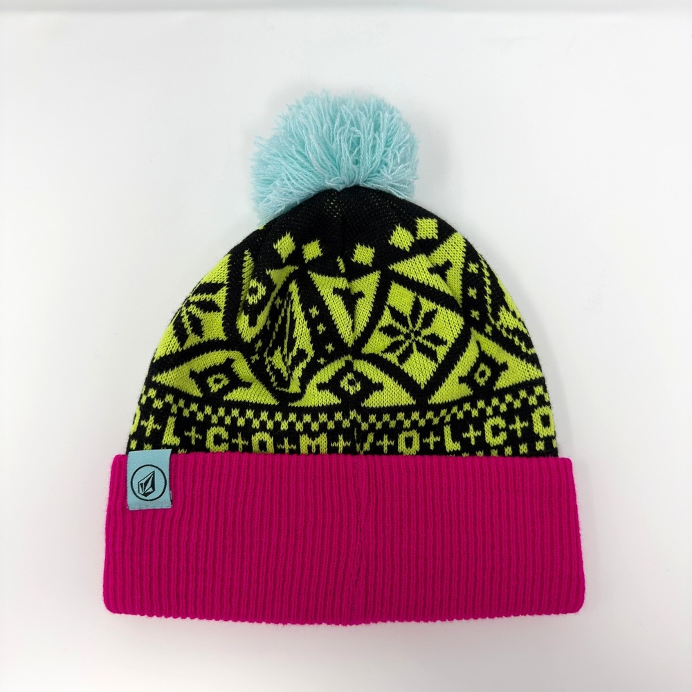 Volcom Fairizzle Beanie Neon Pink Green Black Geometric Pom Pom Hat K5851309